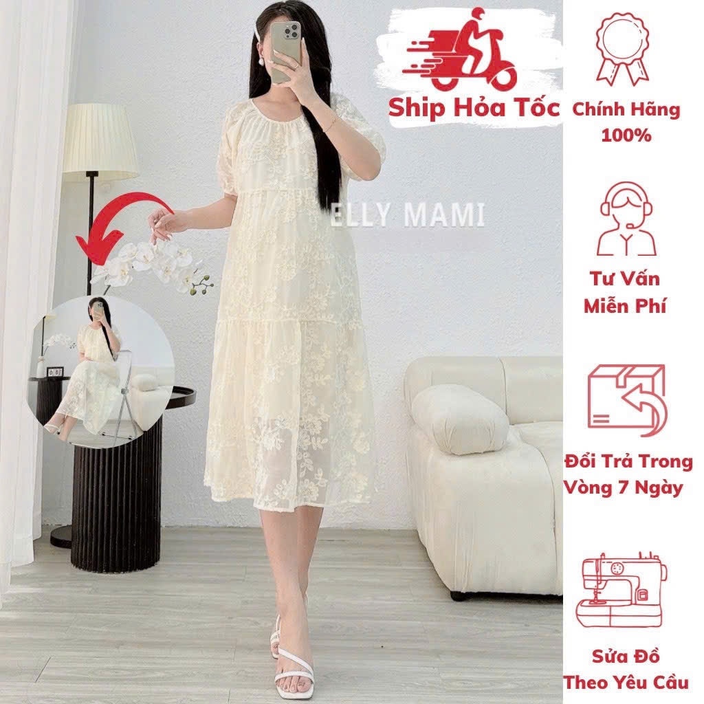 ( 40kg - 75kg ) Đầm Bầu, Suông , Kem Hoa Lá Thêu , Form Dễ Mặc , Siêu Mát , Nhẹ Tênh