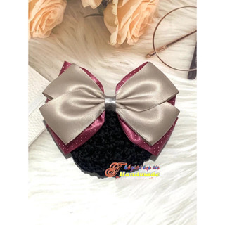 Kẹp búi lưới hồng chấm bi phối nơ nâu nhạt K21-M2