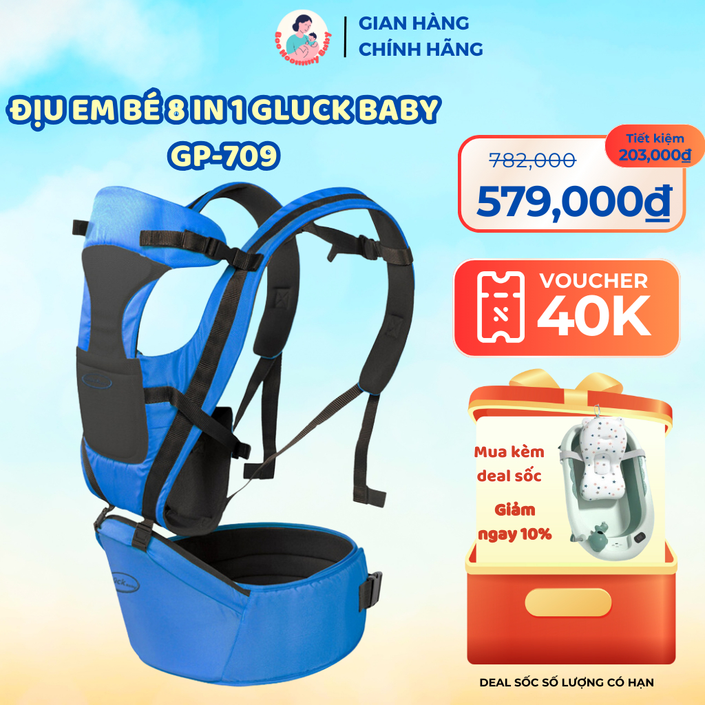 Địu em bé 8 in 1 Gluck Baby GP-709 có tấm đỡ cổ chống gù cho bé 3-25 tháng tuổi