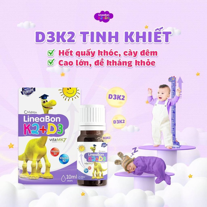 Tích điểm- Vitamin Lineabon k2 d3 bổ sung k2 d3 mk7 giúp tăng khả năng hấp thu canxi cho trẻ Lọ 10ml