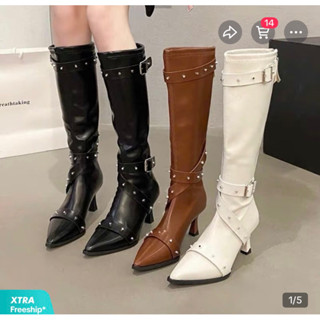 Duooya Tóc Thẳng ~ 9818[Hàng Có Sẵn] Bốt Cao Gót Mũi Nhọn Đính Đinh Tán Bằng Da Mềm Màu Đen Cho Nữ Miễn Phí Vận Chuyển