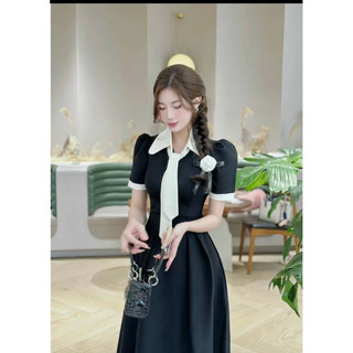Váy Nữ Dáng Dài Cách Điệu Cổ Bẻ Cà Vạt Màu Đen Phong Cách Nhẹ Nhàng JARI CLOTHES