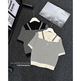 Áo len kẻ ngang cổ bẻ phối màu basic đơn giản hàng quảng châu A469