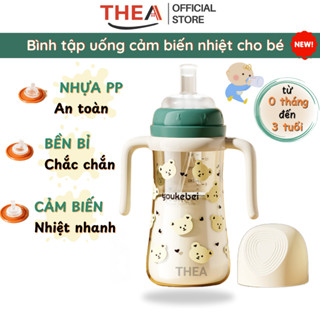 Bình tập hút uống sữa, nước chống sặc cho bé từ 6 tháng, 1-2-3 tuổi cảm biến nhiệt 300ml bằng nhựa PP an toàn - THEA