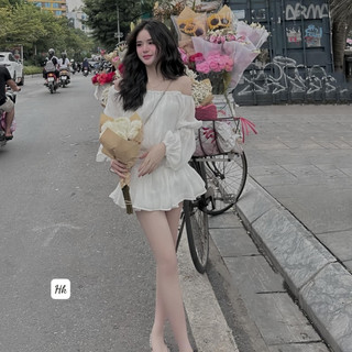 set áo trễ vai chân váy,áo cổ vuông tay bồng phối chân váy xoè đính hoa siêu xinh phong cách hàn quốc sang chảnh