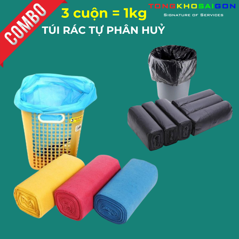 [Đủ 1Kg] 3 Cuộn Túi Rác Tự Phân Hủy bảo vệ môi trường đủ các size Tiểu, Trung, Đại #TKSG............