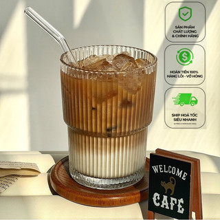  Cốc thuỷ tinh sọc 2 tầng H015 ly thuỷ size to dung tich 410ml decor đồ uống quán cafe 