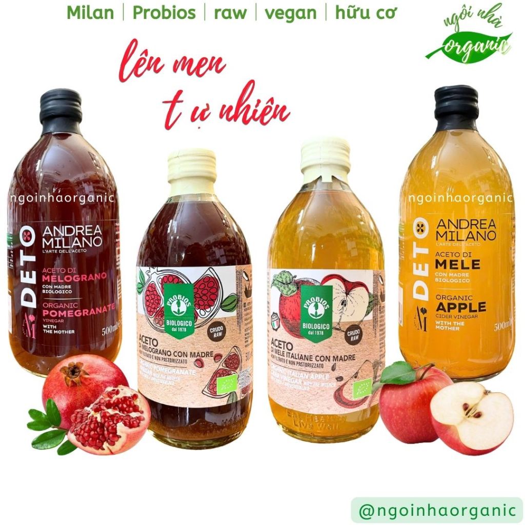 Giấm lựu - giấm táo hữu cơ lên men tự nhiên có giấm cái 500ml Probios, Milan - hỗ trợ giảm cân detox cơ thể