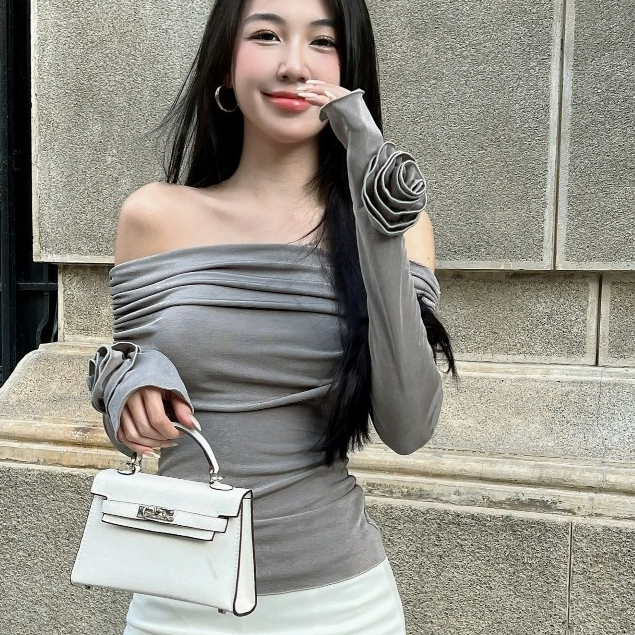 Áo croptop nữ dáng dài LAYLASHOP kiểu bẹt vai hoa tay thun co dãn SHIP HOẢ TỐC