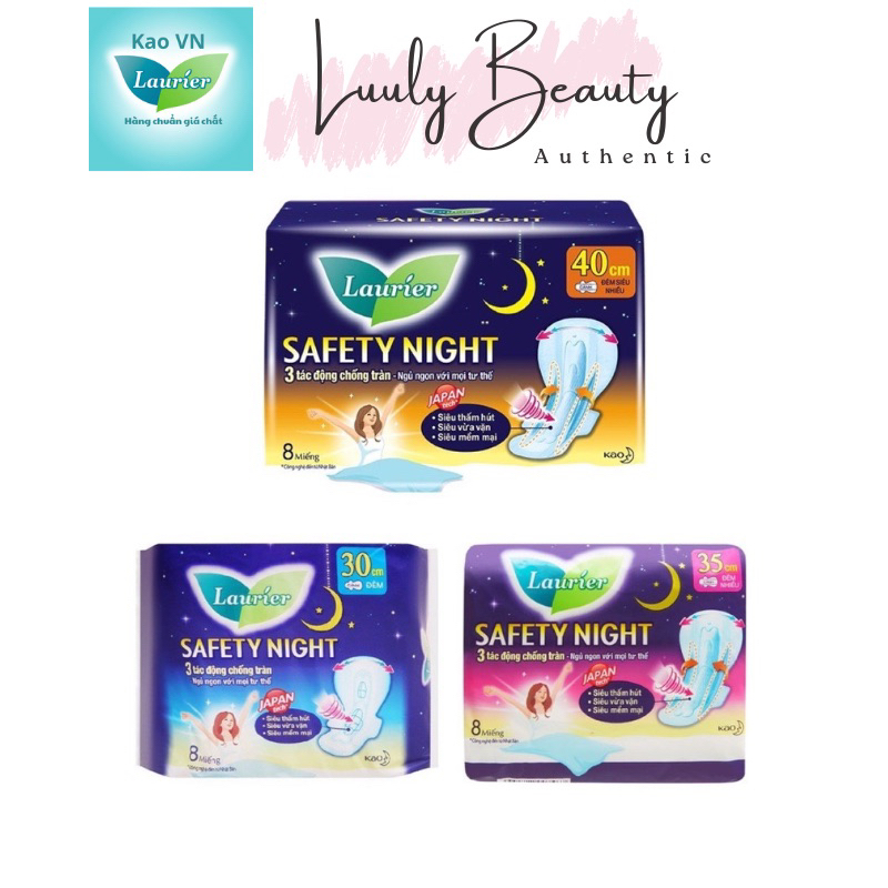 BĂNG VỆ SINH ĐÊM LAURIER SAFETY NIGHT 30CM/ 35CM/ 40CM GÓI 8 MIẾNG