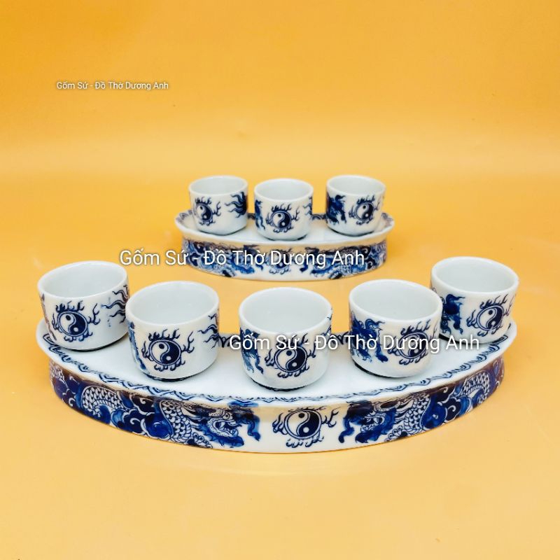 Bộ chén nước thờ, bộ kỷ thờ men lam - 3D
