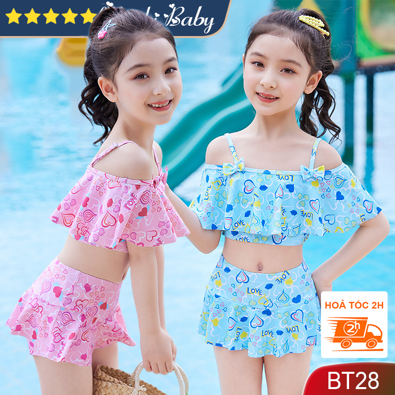 Bikini 2 mảnh bé gái cao cấp, đồ bơi dễ thương cho trẻ em nữ, áo bèo 2 dây cùng quần sooc đùi nữ tín