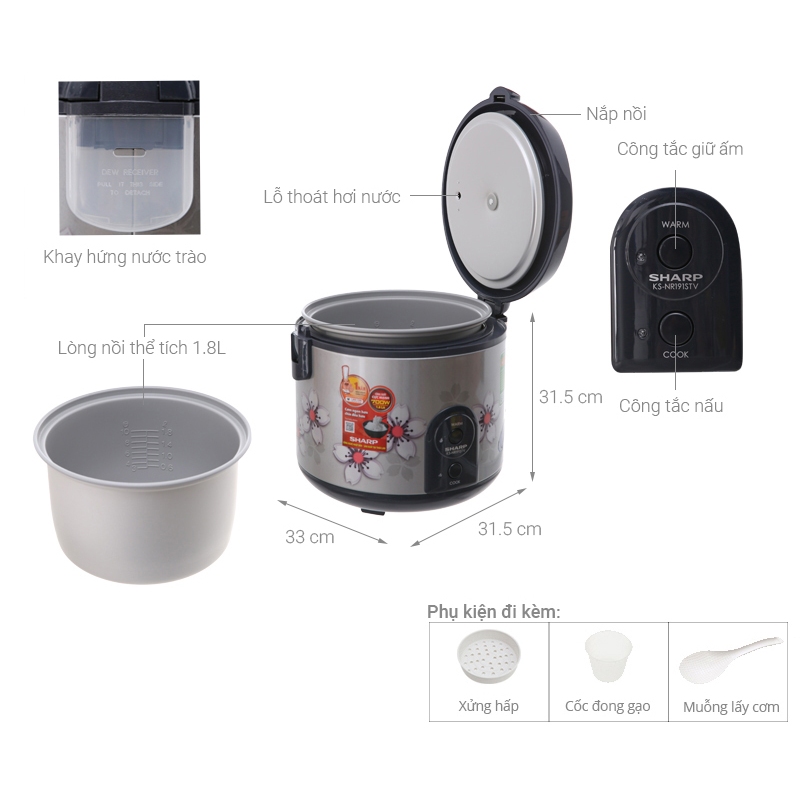 Nồi cơm nắp gài Sharp 1.8 lít KS-NR191STV, 2.2 lít KS-R231STV công suất 700w, sản xuất tại thái lan 