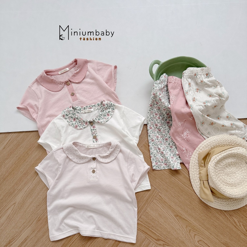 Set bộ cộc tay cổ sen bé gái Miniumbaby, bé 1-6 tuổi, chất cotton mềm mát, bé đi học đi chơi SB1937