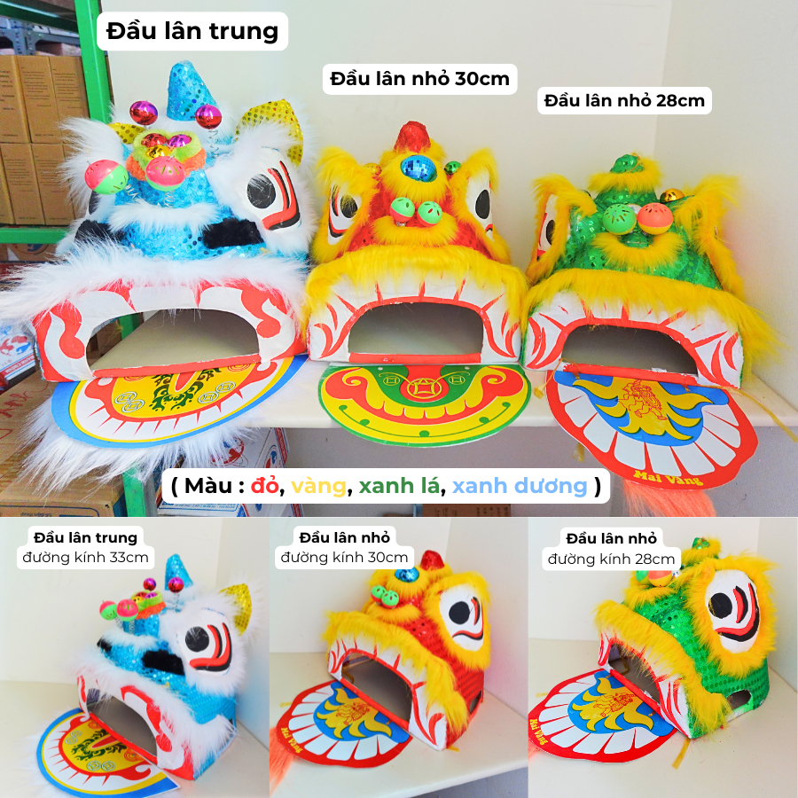 Đầu lân sư rồng, đầu sư tử trung thu đủ size nhỏ trung lớn cho bé vui chơi đêm trăng
