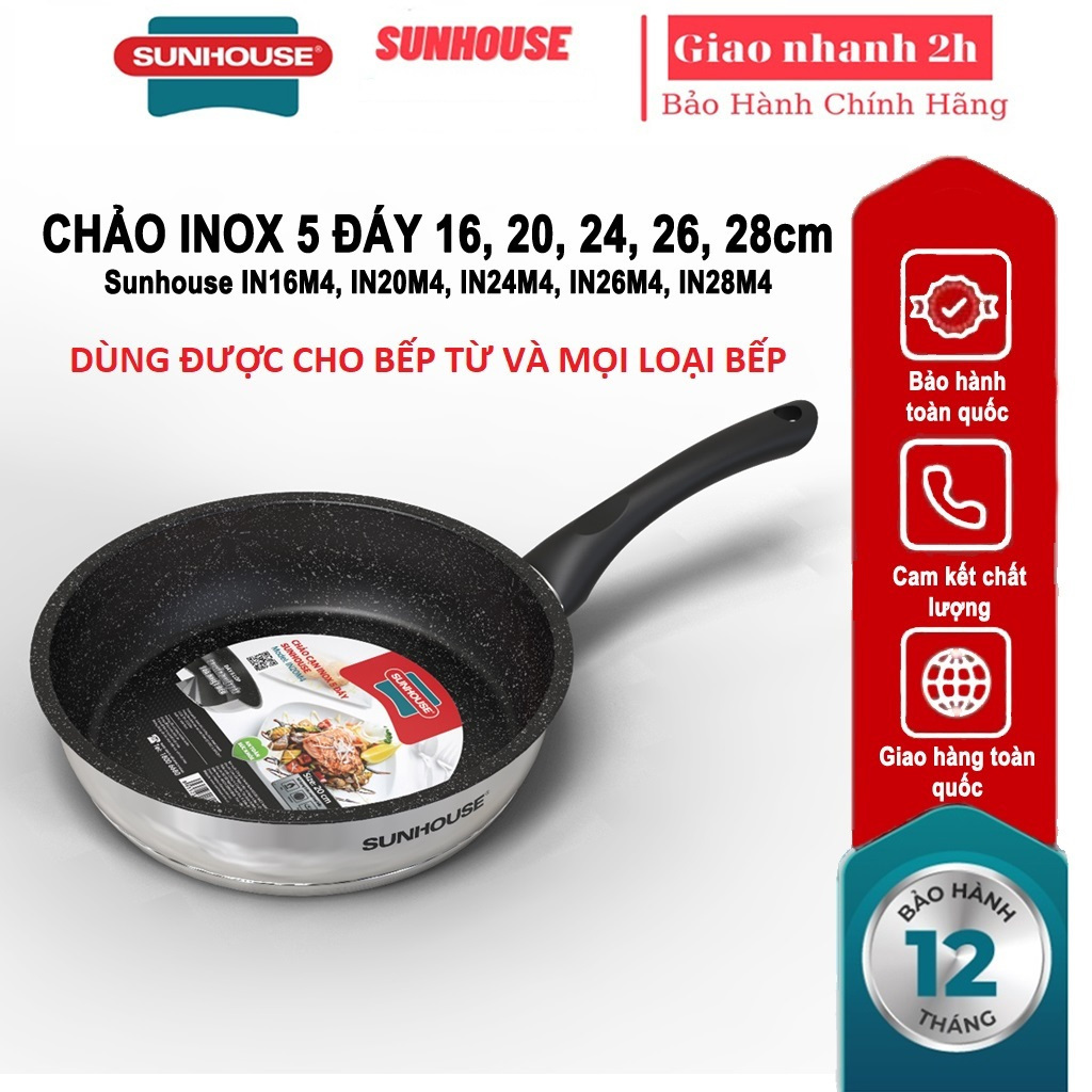 Chảo cạn inox 5 đáy SUNHOUSE IN20M4, IN24M4, IN26M4, IN28M4 (Sire 20/24/26/28cm) Dùng tốt trên bếp t