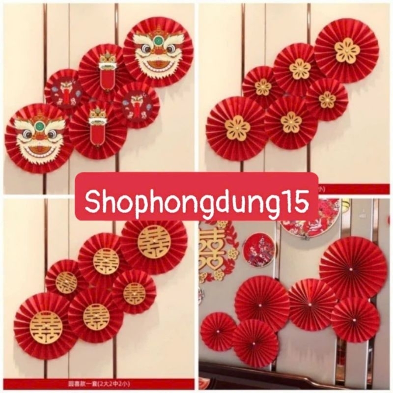 Sét 6 quạt trơn, giấy hoa, đầu lân, song hỷ đỏ trang trí tết