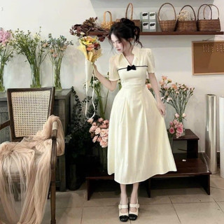  Đầm thời trang nữ đầm nữ tay phồng cổ V sơ mi viền dây ngang phối nơ đen ôm eo dáng chữ A dài qua gối thanh lịch 