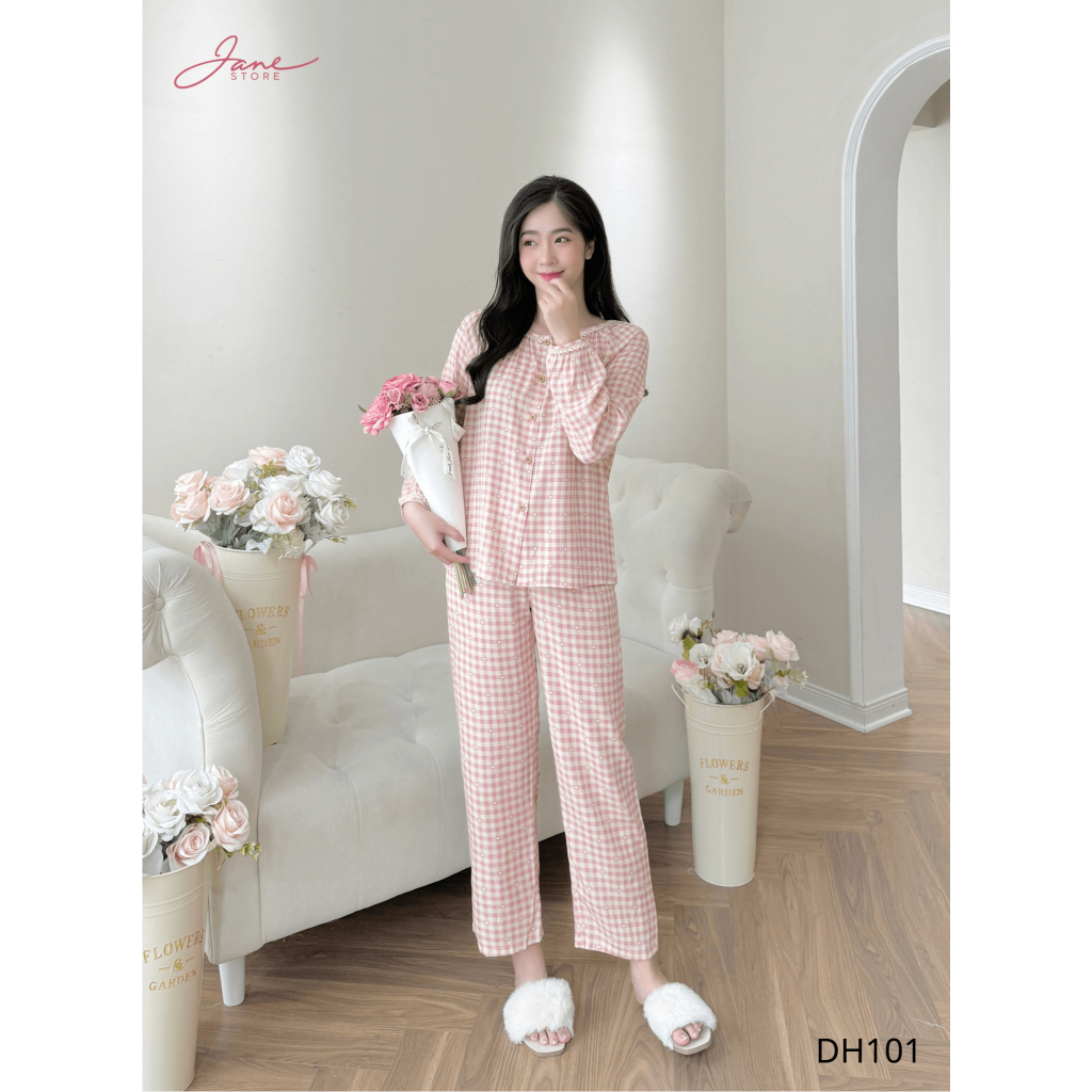 Đồ bộ mặc nhà nữ cực xinh tay dài quần dài phối ren kẻ caro đũi cao cấp mềm mịn, mát khi mặc DH10