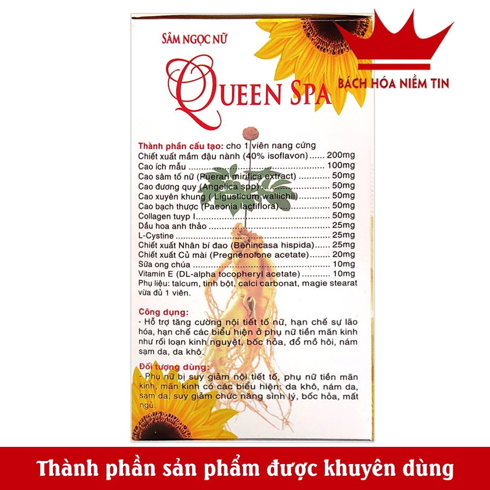 Viên uống đẹp da Sâm tố nữ Queen Spa - Hộp lọ 30 viên thành phần  thảo dược thiên nhiên -bổ sung Collagen, Vitamin