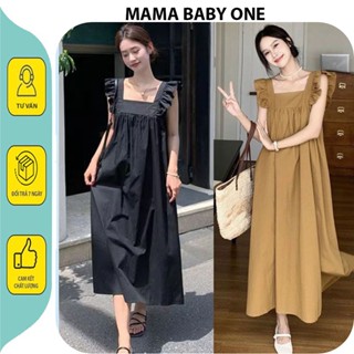  Đầm váy bầu hai dây bản to thiết kế dáng suông tay bánh bèo cổ nơ ngực mặc được 2 kiểu trẻ trung mặc đi biển frsize V807 