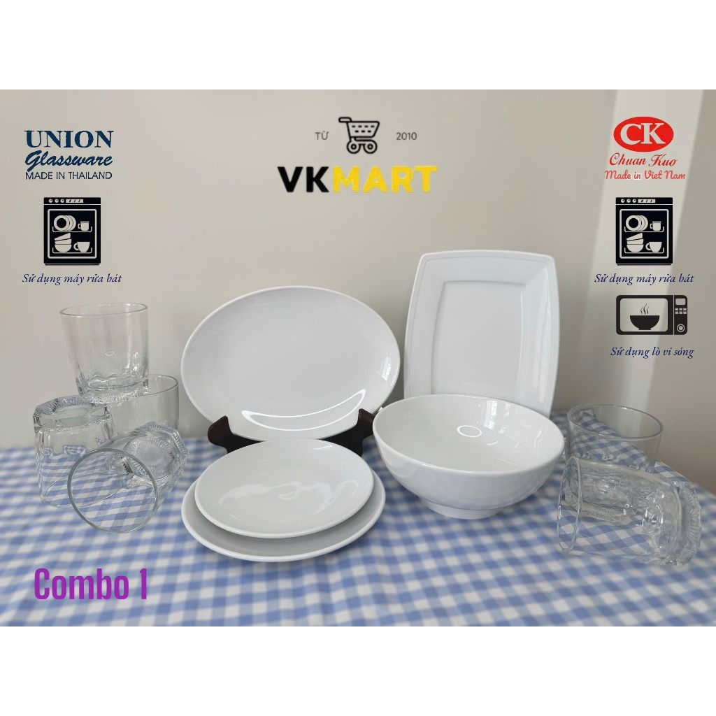 Bộ cốc thủy tinh Union, bộ bát đĩa CK (tặng kèm bát inox 2 lớp Homelux)