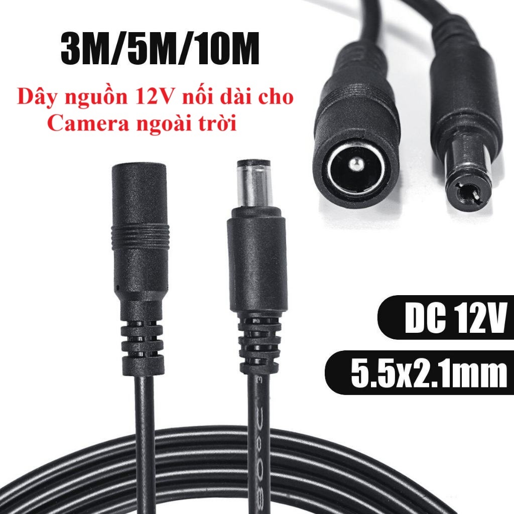 Dây nối nguồn cho Camera Ezviz, Imou, Yoosee, Hikvision, Dahua ngoài trời, chân cắm tròn 12V- 5.5x2.1mm