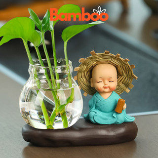 Bình thủy sinh kèm tượng Chú Tiểu An Nhiên: Đánh đàn, đọc sách, đánh cờ, cầm bút Bamboo để bàn