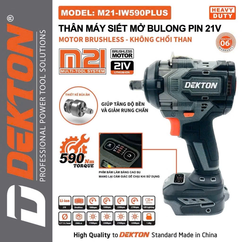 Máy siết bulong pin 21V Dekton M21-IW590Plus Lực Siết 590Nm Không Chổi Than chân Pin Phổ Thông