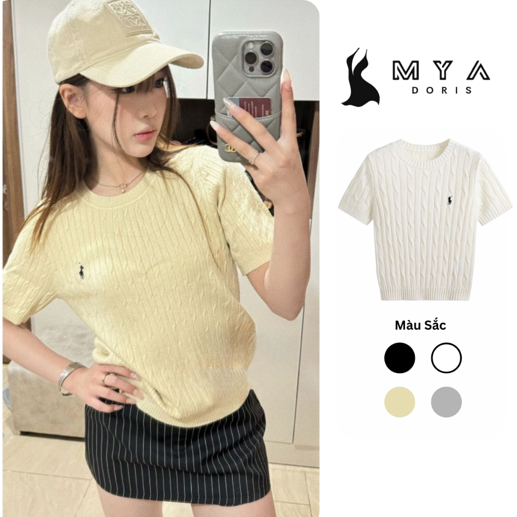Áo len thêu ngựa cổ tròn tay ngắn MYA, áo len dệt kim cộc tay xoắn thừng basic nữ tính thời trang Hàn Quốc