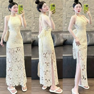 Đầm body thời trang nữ chất ren 2 lớp ,đầm cổ yếm cột nơ cổ ,hở lưng sau ,xẻ tà dài maxi mặc tôn dáng