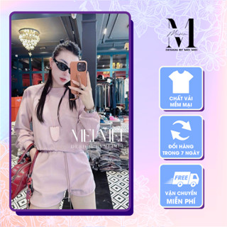 Set đồ nữ áo sweater dáng ngắn tay dài có dây rút eo phối quần short màu hồng trẻ trung siêu mịn mát Meistore ST15470