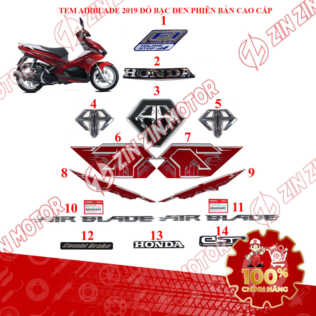 Tem Xe AB 2019, Tem Rời Air Blade 2019 Đỏ Bạc Đen Phiên Bản Cao Cấp Zin Chính Hãng - ZZM