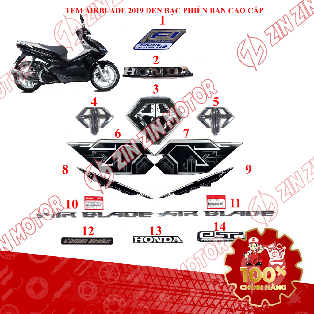 Tem Xe AB 2019, Tem Rời Air Blade 2019 Đen Bạc Phiên Bản Cao Cấp Zin Chính Hãng - ZZM