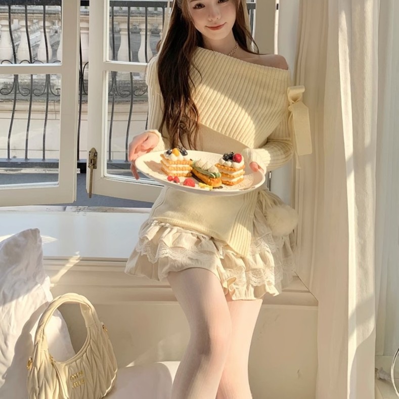 Set váy nữ - Áo len trễ vai mix với chân váy nhiều tầng thắt nơ ngang vai phong cách bánh bèo dễ thương Gin62 G145 | BigBuy360 - bigbuy360.vn