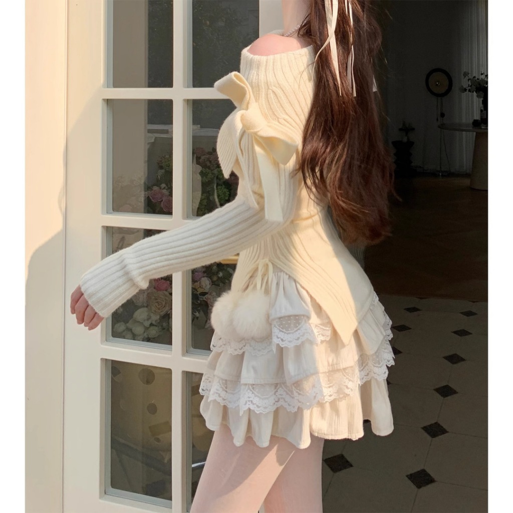 Set váy nữ - Áo len trễ vai mix với chân váy nhiều tầng thắt nơ ngang vai phong cách bánh bèo dễ thương Gin62 G145 | BigBuy360 - bigbuy360.vn