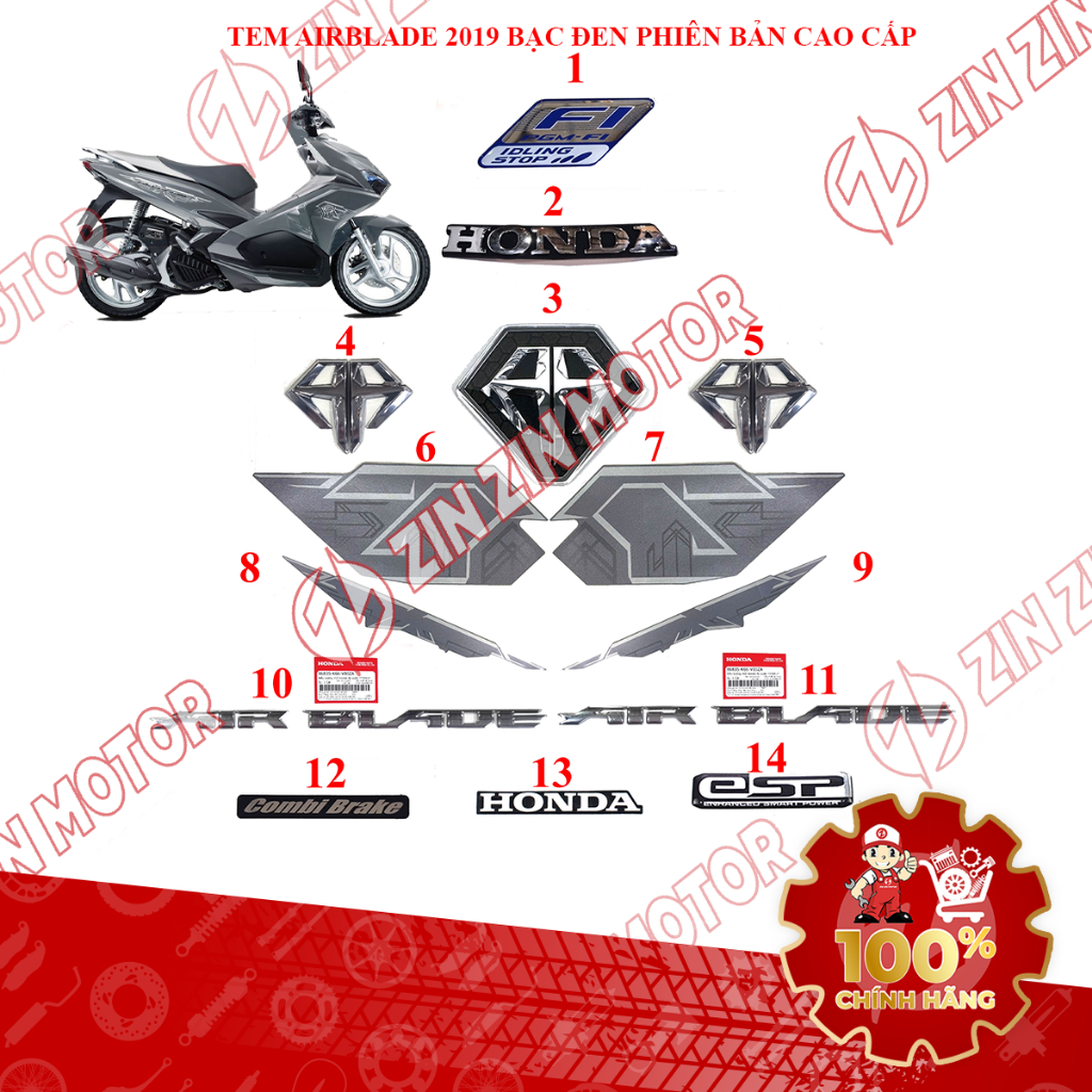 Tem Xe AB 2019, Tem Rời Air Blade 2019 Bạc Đen Phiên Bản Cao Cấp Zin 86644-KZR-770ZA Chính Hãng - ZZ