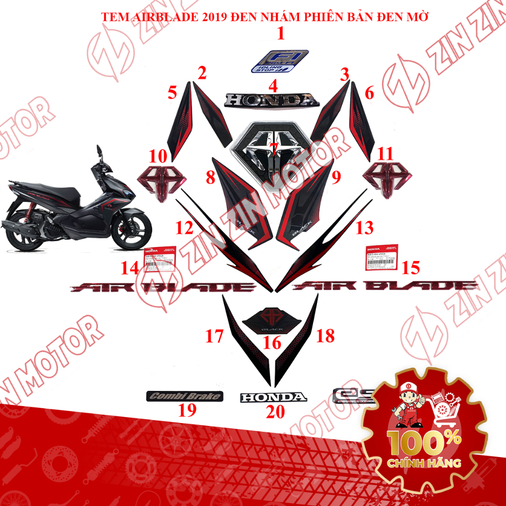 Tem Xe AB 2019, Tem Rời Air Blade 2019 Đen Nhám Phiên Bản Đen Mờ Zin Chính Hãng - ZZM