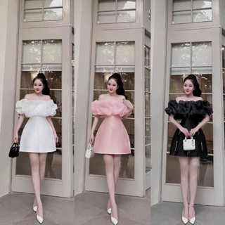 Đầm thiết kế trể vai hoa xòe vải tafta phối voan cườm cổ dáng váy xòe phù hợp dự tiệc đa dạng màu sắc