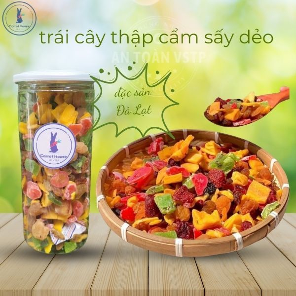 Trái cây thập cẩm sấy dẻo mix 8 vị không táo đặc sản Đà Lạt ăn vặt ăn kiêng hộp 500g-Carrott House
