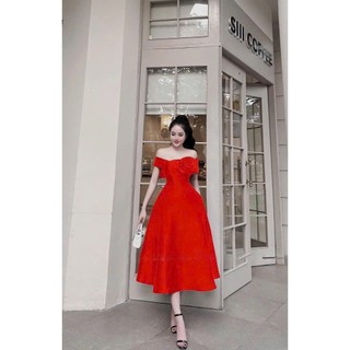 Đầm trễ vai dự tiệc sang chảnh. đầm tapda bẹt vai đính hoa to dáng dài qua gối chất tapda đi cưới