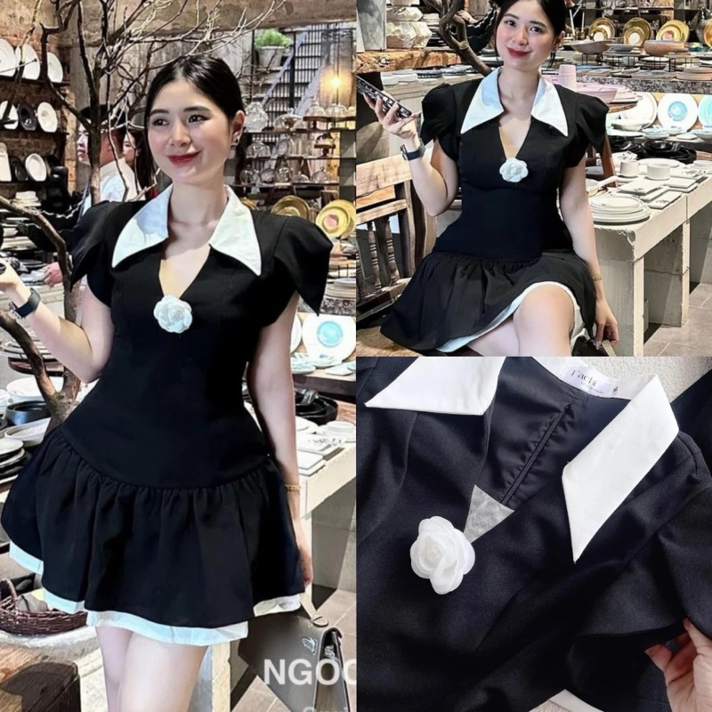ĐẦM ĐEN PHỐI CỔ SƠ MI TRẮNG XẺ LAI
