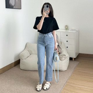 Quần jean ống đứng túi thêu phối lai 5 phân lưng cao tôn dáng co giãn