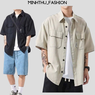 Áo Sơ Mi Nam Nữ Minhthu Fashion Form Rộng Có Size Tới 95kg Tay Lỡ KaKi Phối TÉP Túi Trẻ Trung Unisex