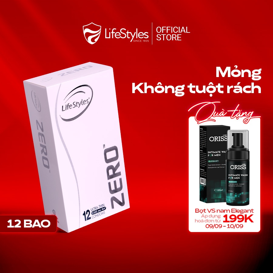 Bao cao su mỏng khít chân thật ôm sát LifeStyles Zero an toàn siêu bền chịu áp suất cao 12 bao/hộp