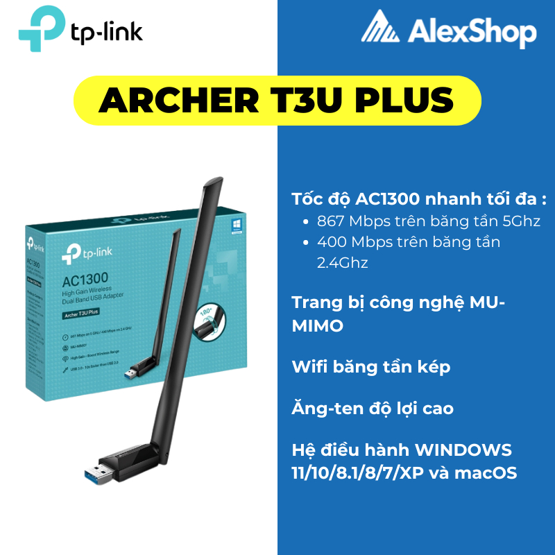 [1300M] USB Wifi Archer T3U Plus USB Băng Tần Kép Độ Lợi Cao AC1300 - Chính Hãng