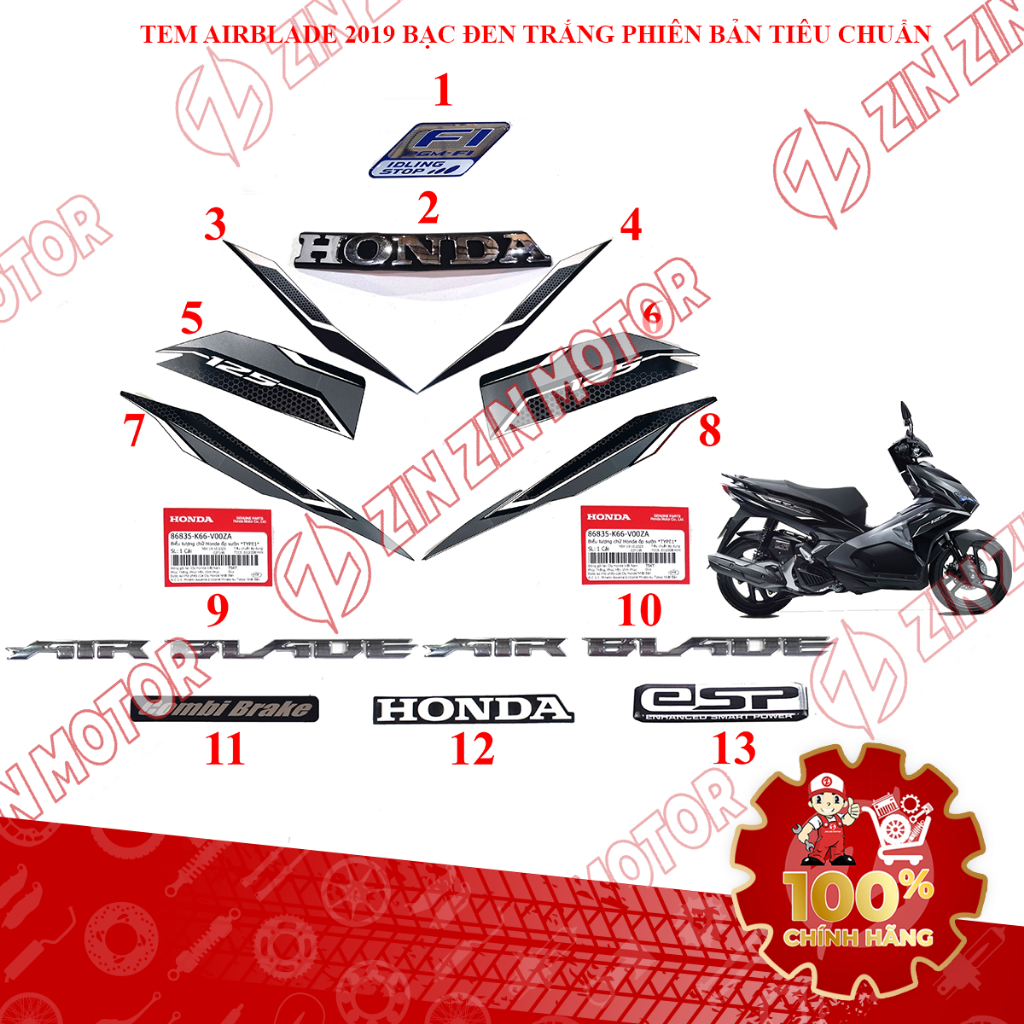Tem Xe AB 2019, Tem Rời Air Blade 2019 Bạc Đen Trắng Phiên Bản Tiêu Chuẩn Zin Chính Hãng - ZZM