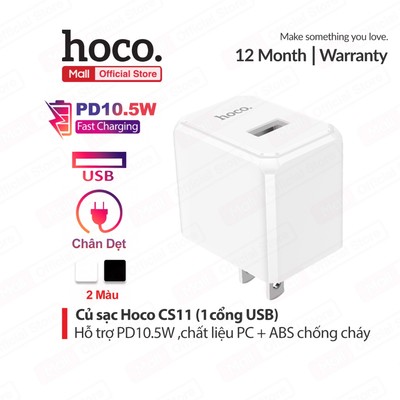 Cù sạc Hoco CS11 PD10.5W 1 cổng USB  ,chất liệu PC + ABS chống cháy, chân dẹt