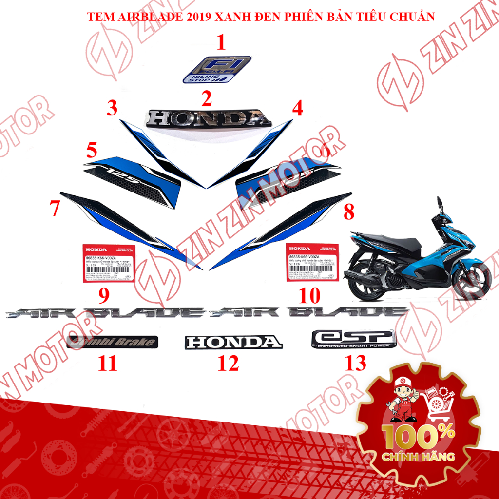 Tem Xe AB 2019, Tem Rời Air Blade 2019 Xanh Đen Trắng Phiên Bản Tiêu Chuẩn Zin Chính Hãng - ZZM