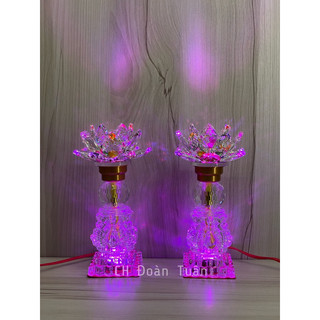 Cặp đèn thờ pha lê kiểu dáng thiên nga - Đèn thờ hoa sen đổi màu cao 24cm